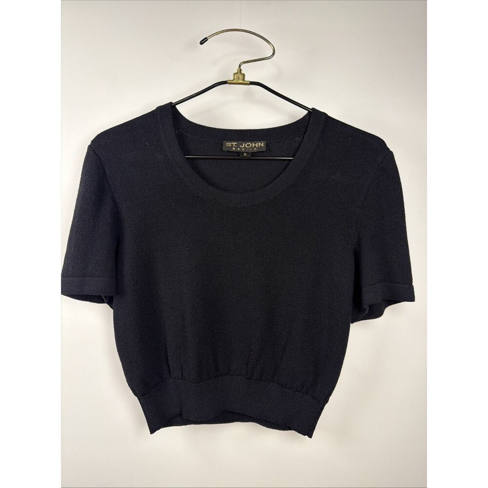 St John Basics Black Pullover Sweater Crew Neck Short Sleeve Size M Santana Knit